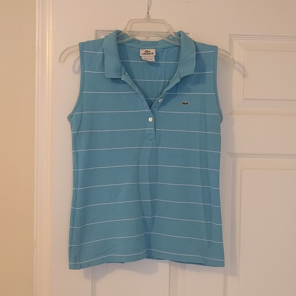 Lacoste Women's Light Blue Striped Sleeveless Polo Tank